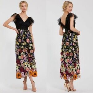 Mac Duggal NEW Embroidered Ruched Flutter Sleeve A Line Dress Black Multi Size 8